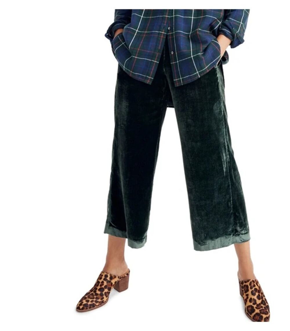 Madewell L Houston Green Velvet Pull On Crop High Rise Wide Leg Forest Green